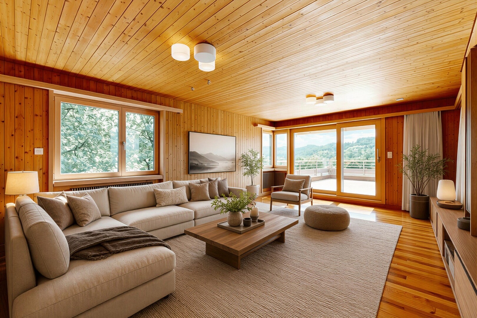 empty room with healthy amount of natural light, light wood-style flooring, radiator, wood walls, and wooden ceiling