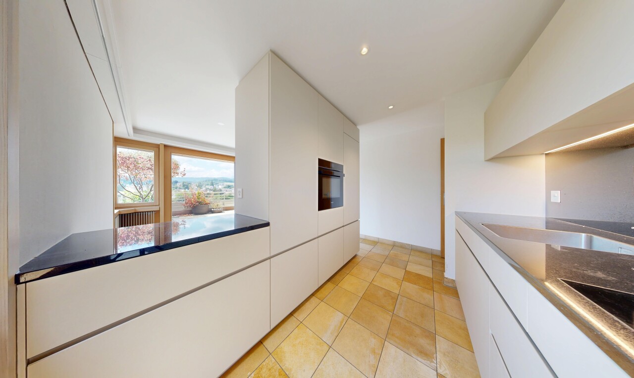 kitchen featuring white cabinetry, modern cabinets, black oven, light tile patterned floors, and recessed lighting