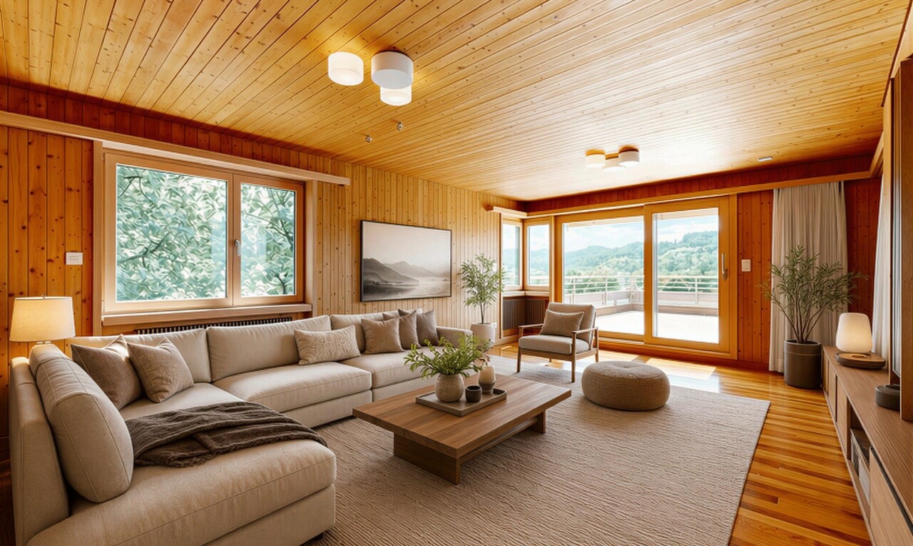 empty room with healthy amount of natural light, light wood-style flooring, radiator, wood walls, and wooden ceiling