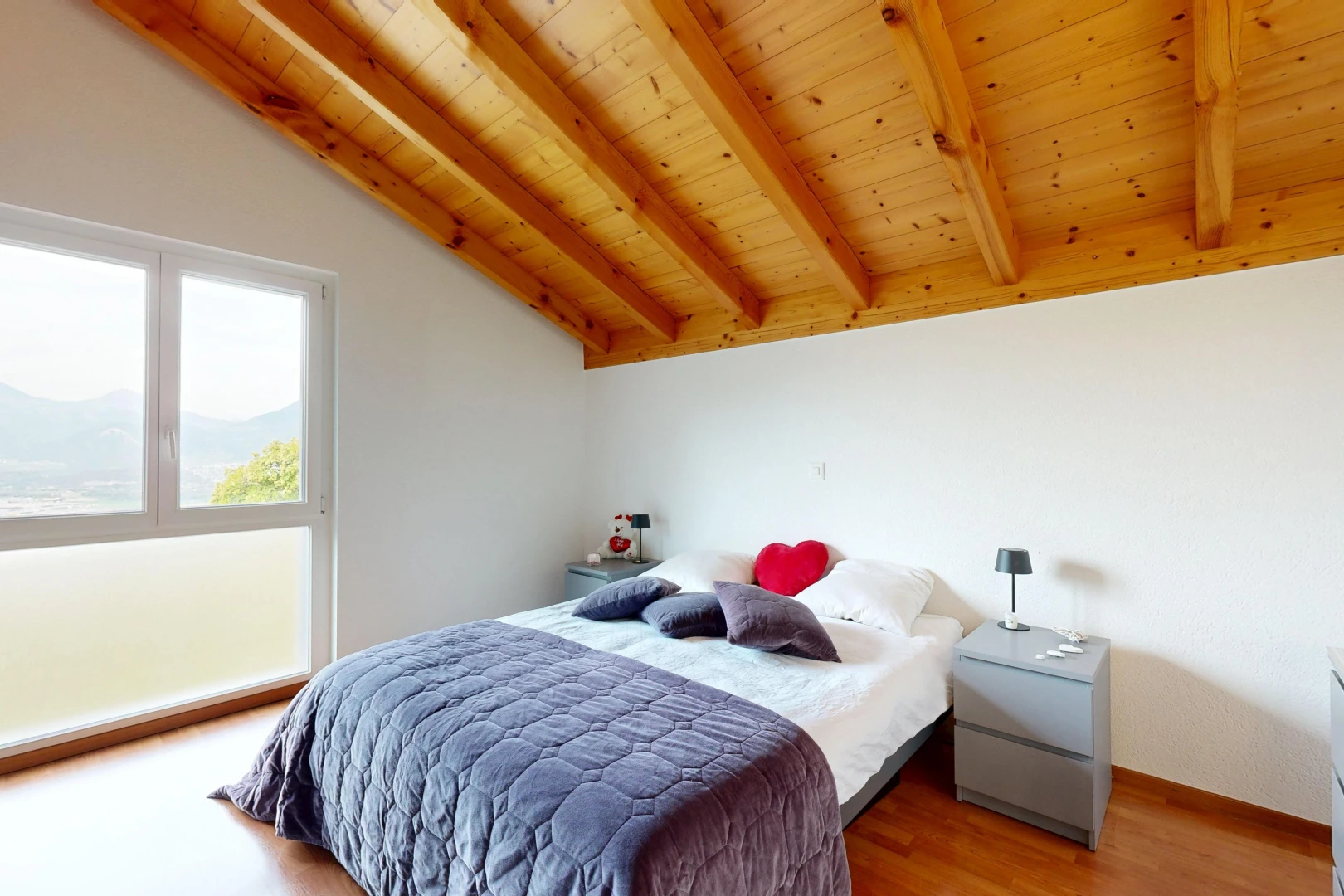 chambre avec plafond voûté, vaulted ceiling, plafond en bois, wood ceiling, et plafond à poutres