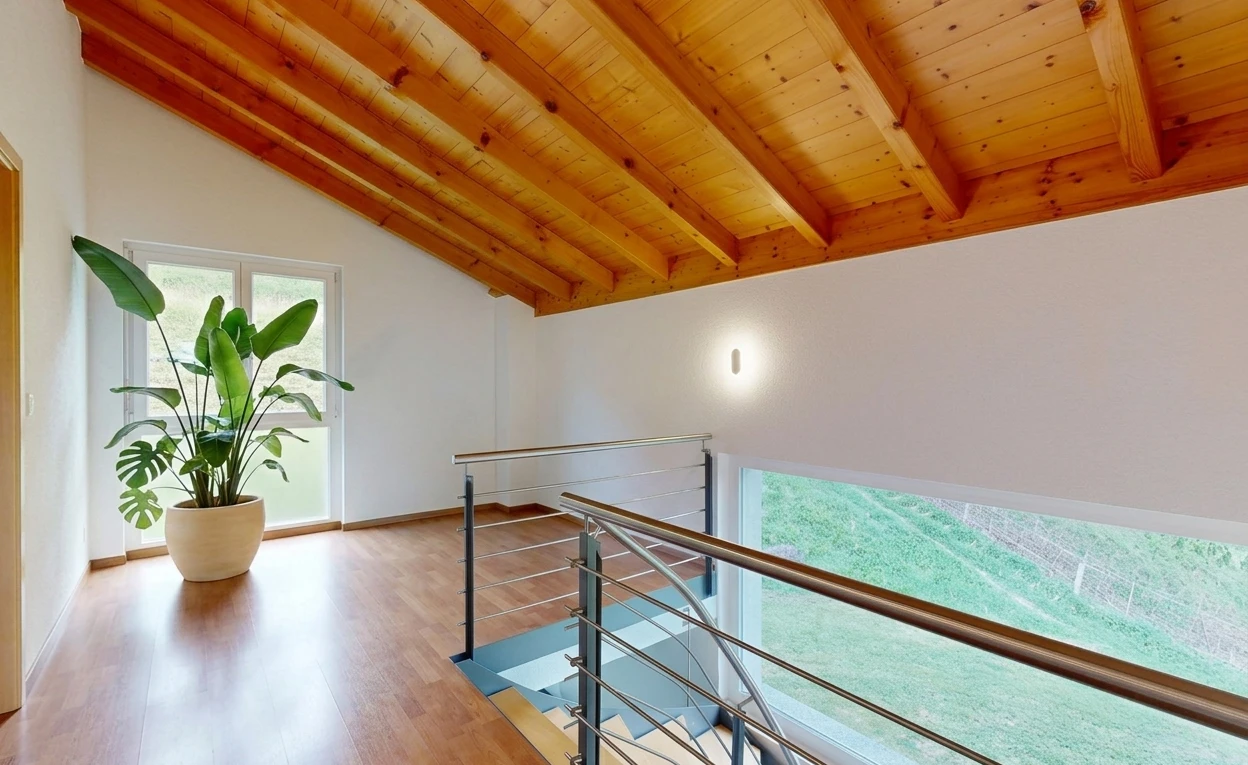 gym avec plafond voûté, vaulted ceiling, plafond en bois, wood ceiling, et plafond à poutres