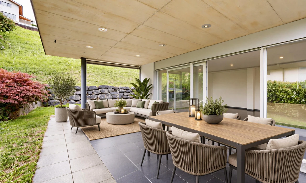 terrasse avec terrasse et coin repas extérieur
