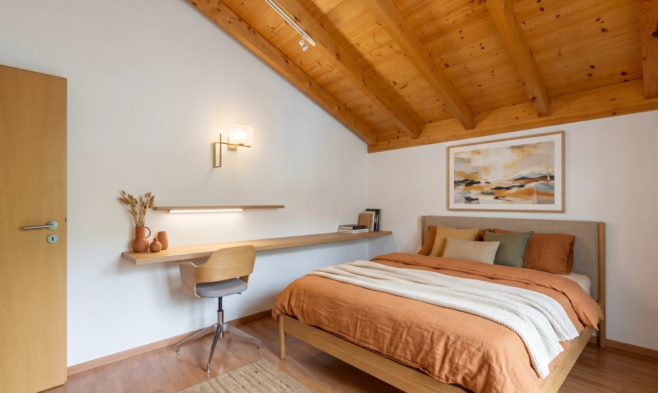 chambre avec plafond voûté, vaulted ceiling, cloison sèche, drywall, et plafond en bois
