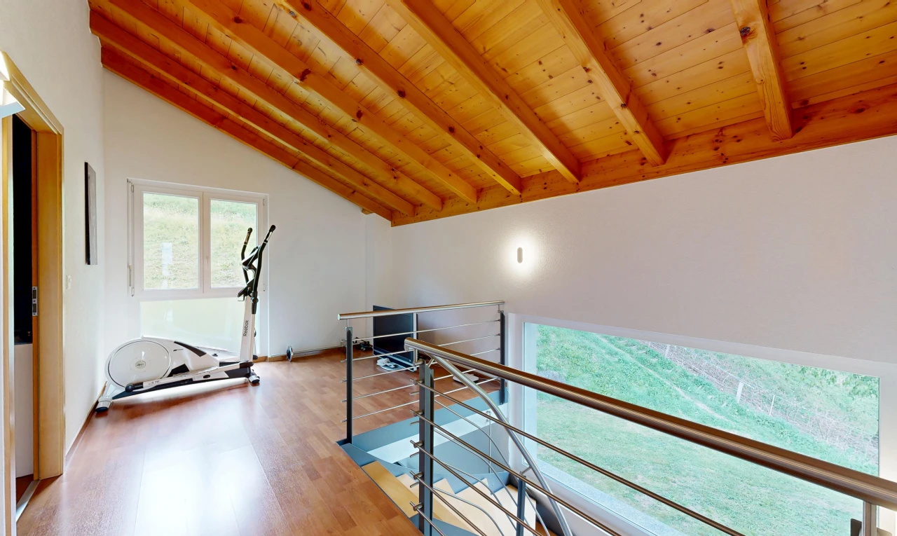 gym avec plafond voûté, vaulted ceiling, plafond en bois, wood ceiling, et plafond à poutres