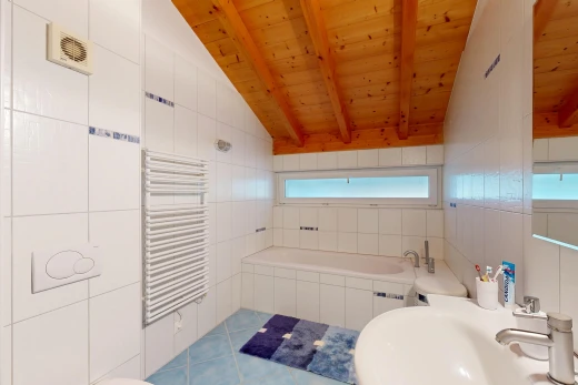 salle de bains avec chauffe-serviettes, radiateur, miroir, salle de bain complète, et évier