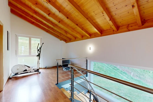 gym avec plafond voûté, vaulted ceiling, plafond en bois, wood ceiling, et plafond à poutres