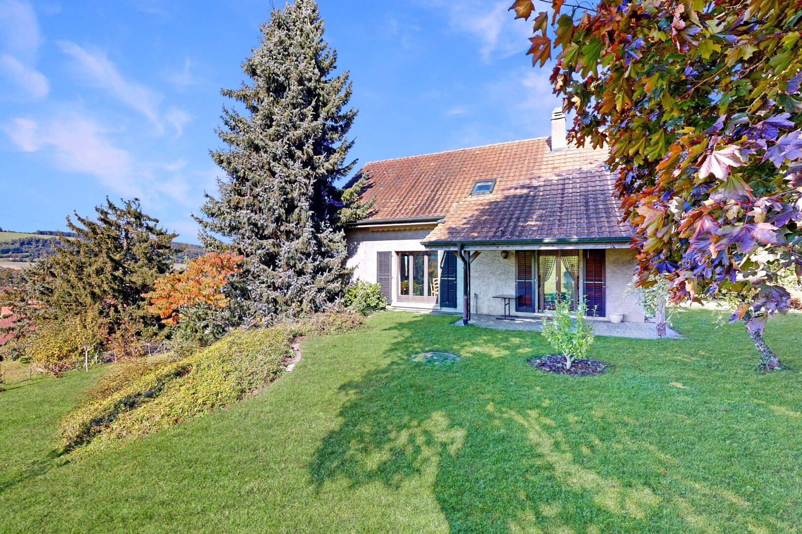 façade avec pelouse, property visible, terrasse, cheminée, et day time