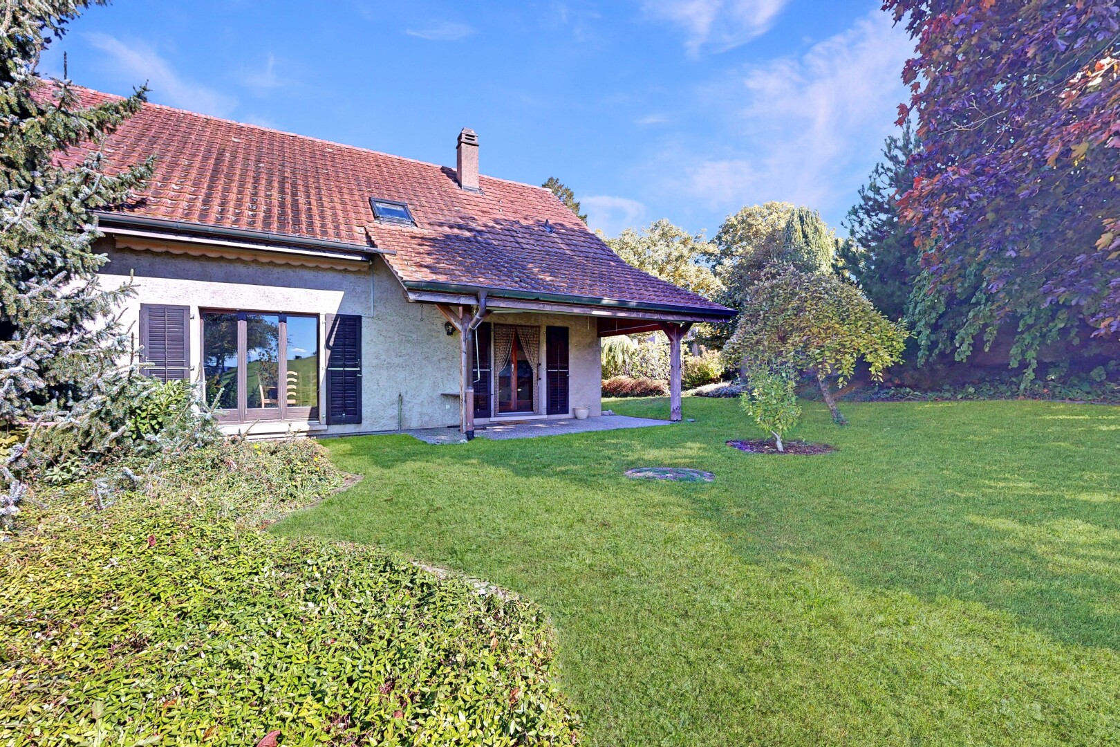 façade avec property visible, terrasse, pelouse, cheminée, et day time