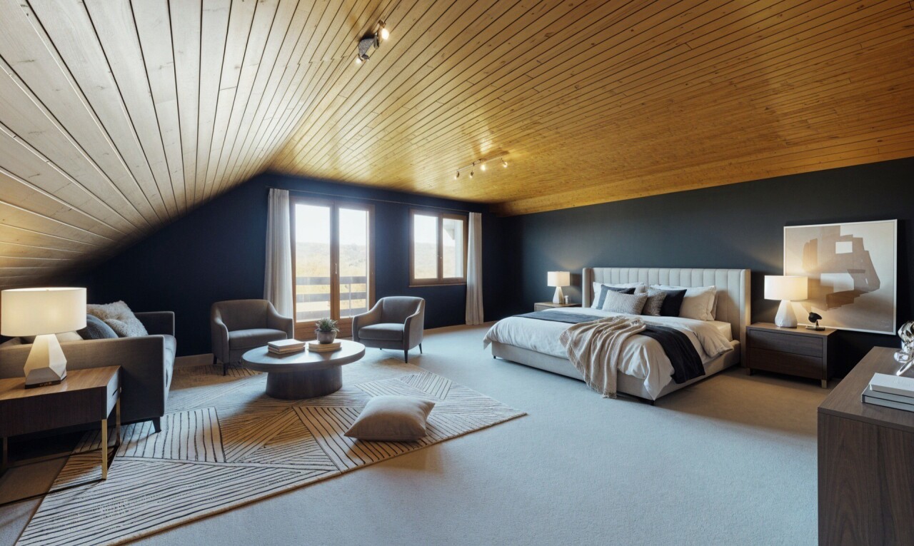 chambre avec plafond en bois, wood ceiling, plafond voûté, vaulted ceiling, et pièce supplémentaire
