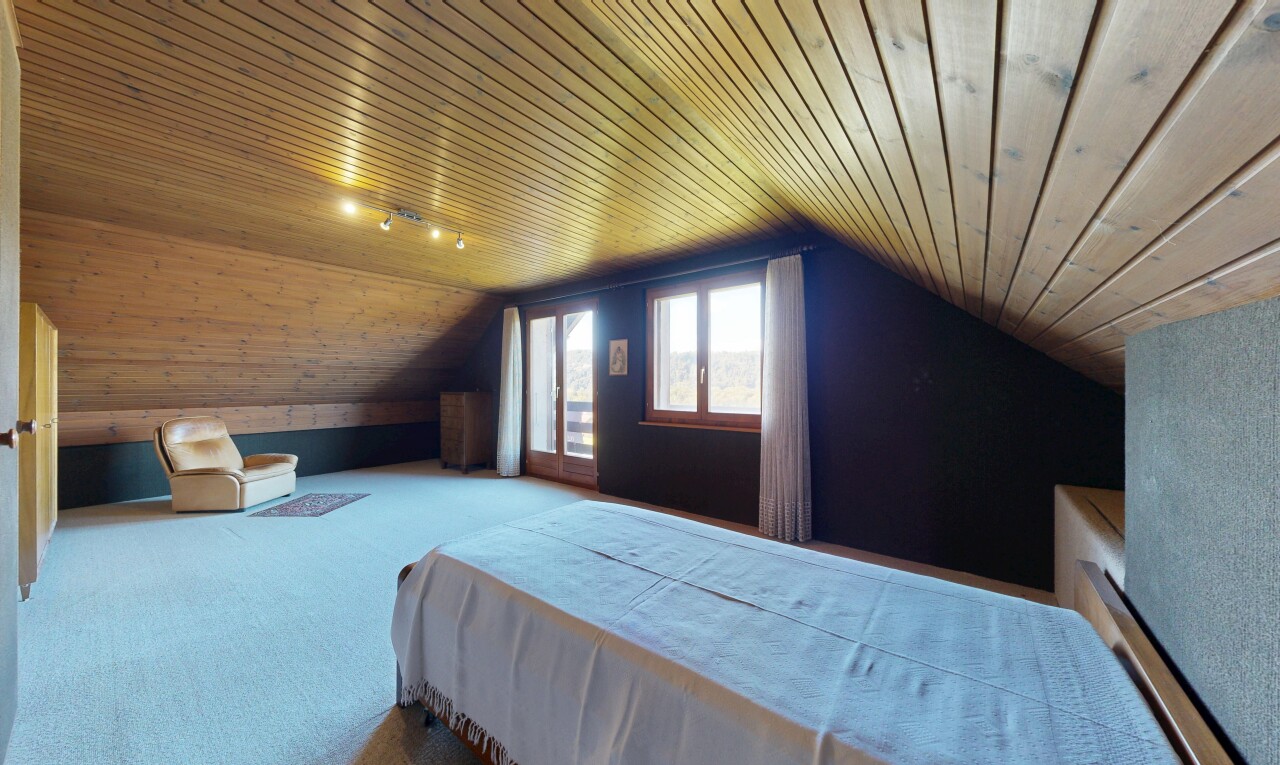 chambre avec plafond en bois, wood ceiling, plafond voûté, vaulted ceiling, et pièce supplémentaire