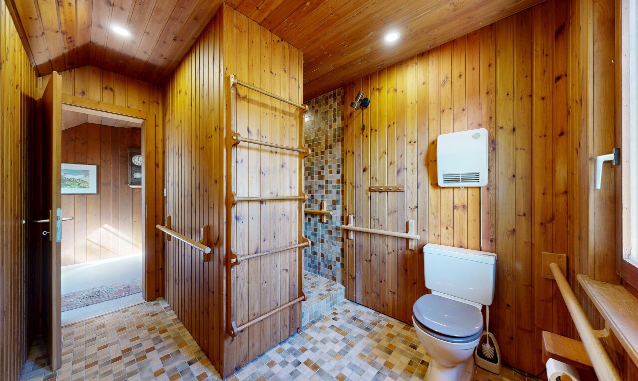 salle de bains avec mur en bois, wood wall, plafond en bois, wood ceiling, et toilette
