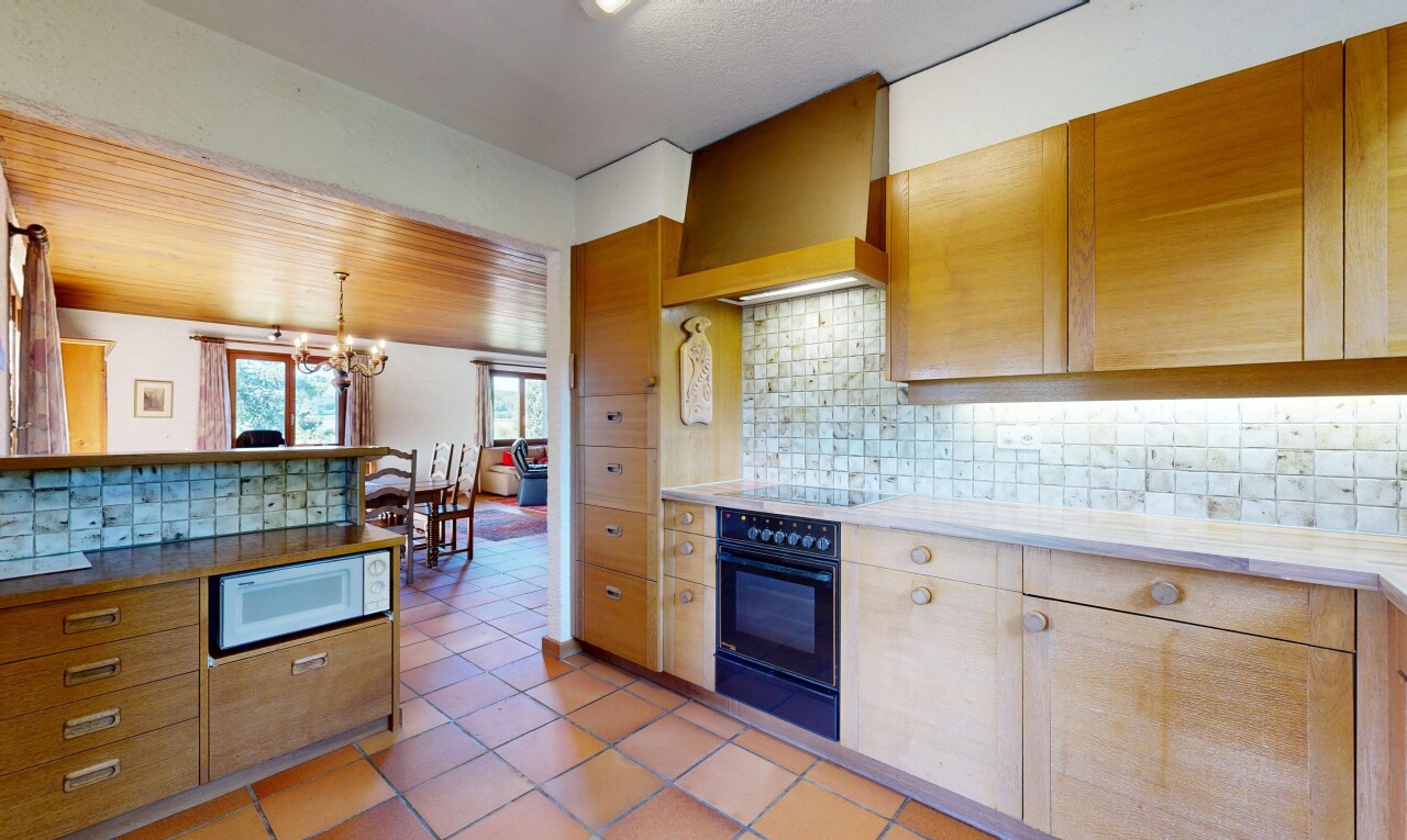 cuisine avec dosseret, backsplash, lustre remarquable, hotte, et lumière naturelle