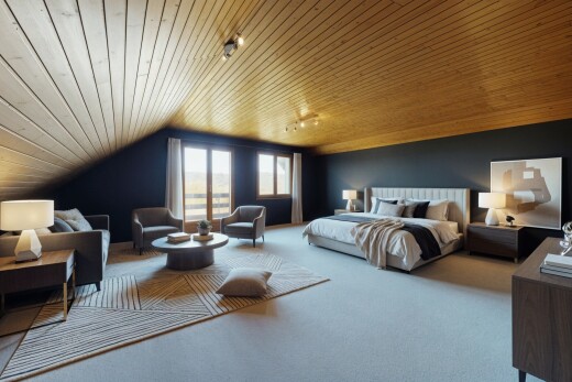 chambre avec plafond en bois, wood ceiling, plafond voûté, vaulted ceiling, et pièce supplémentaire