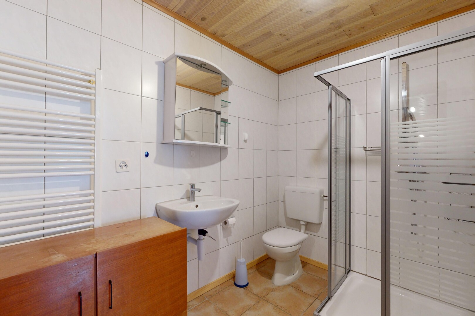 salle de bains avec radiateur, douche, salle de bain complète, toilette, et miroir
