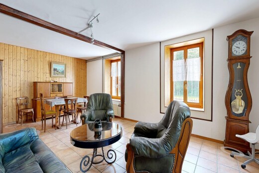 salon / salle à manger avec mur en bois, wood wall, lumière naturelle, natural light, et inside property