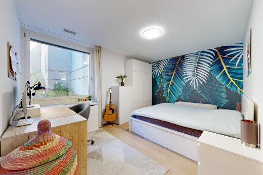 chambre avec sol en finition bois, wood finish floor, lumière naturelle, natural light, et light floor