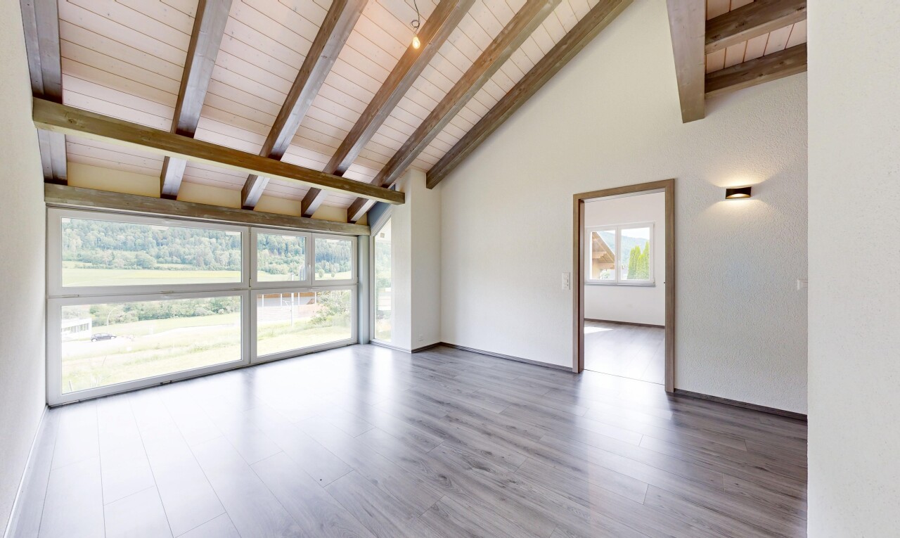 pièce vide avec plafond haut, high ceiling, inside property, plafond voûté, et vaulted ceiling
