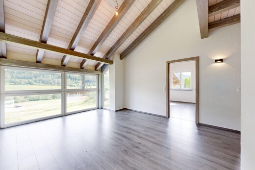 pièce vide avec plafond haut, high ceiling, inside property, plafond voûté, et vaulted ceiling