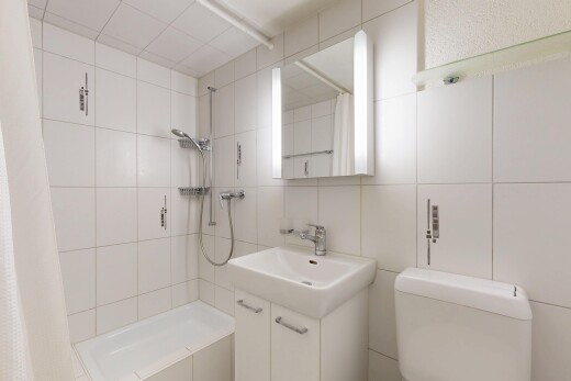 salle de bains avec lavabo (ou coiffeuse selon le contexte), toilette, miroir, salle de bain complète, et inside property