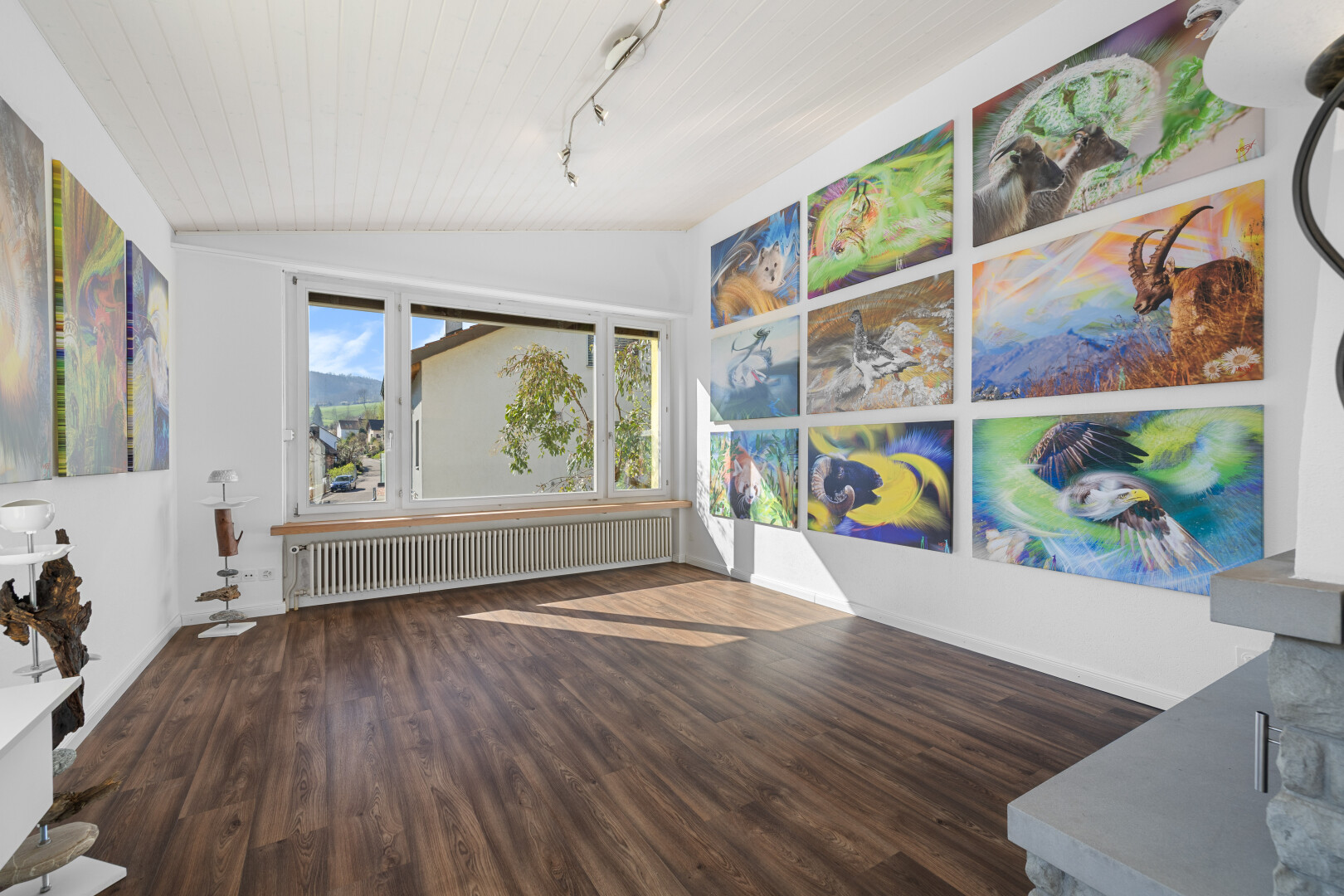 pièce vide avec plafond voûté, radiateur, sol en finition bois, lumière naturelle, et cloison sèche
