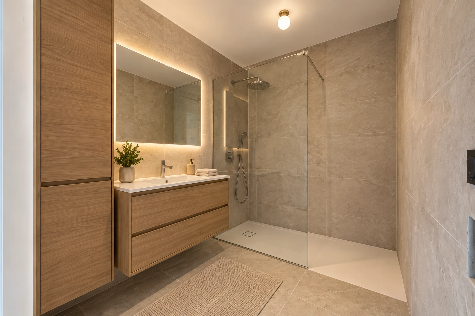 salle de bains avec douche, lavabo (ou coiffeuse selon le contexte), salle de bain complète, light floor, et mur en carrelage