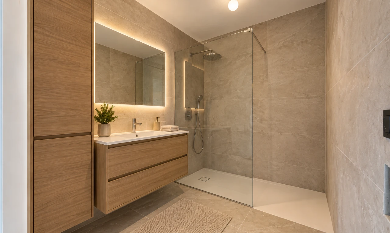 salle de bains avec douche, lavabo (ou coiffeuse selon le contexte), salle de bain complète, light floor, et mur en carrelage