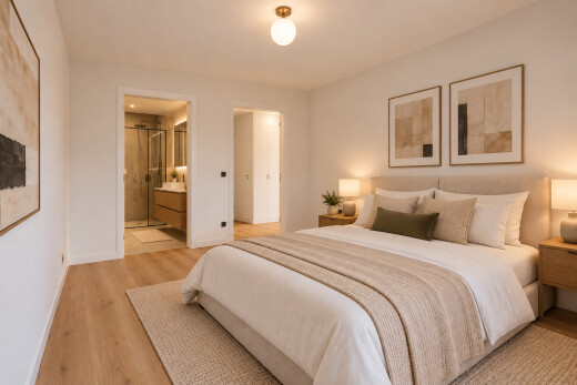 chambre avec drywall, cloison sèche, virtually staged, wood finish floor, et sol en finition bois