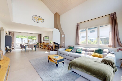 salon / salle à manger avec lumière naturelle, natural light, plafond haut, high ceiling, et inside property