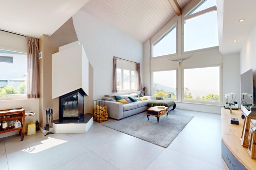 salon avec high ceiling, plafond haut, télévision, cheminée, et inside property