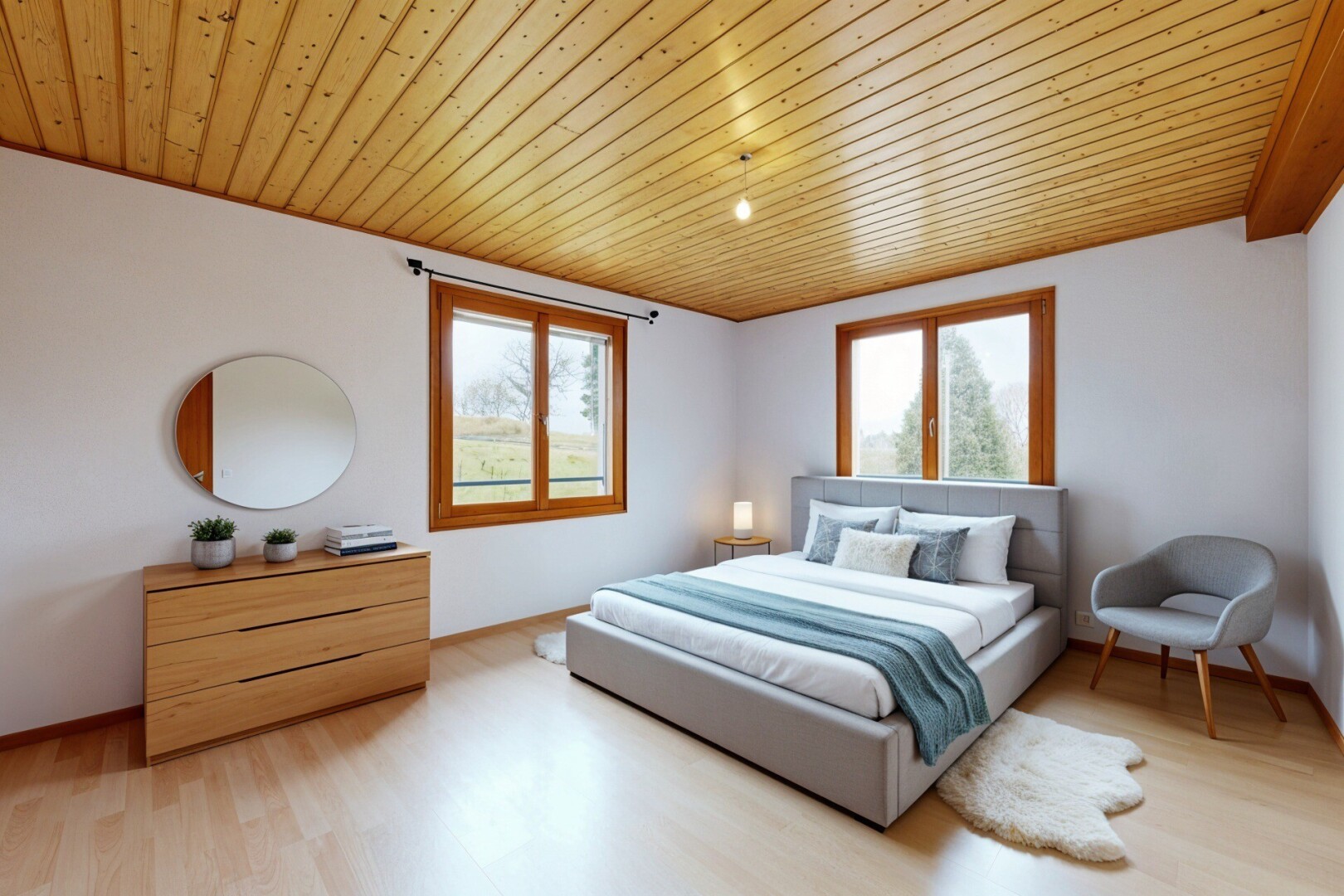 zimmer / schlafzimmer mit gipskartonwand, drywall, holzdecke, wood ceiling, und natürliches licht