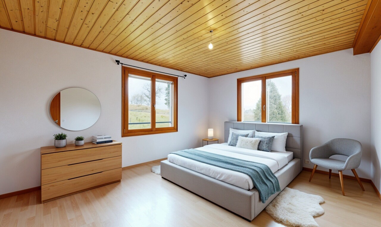 zimmer / schlafzimmer mit gipskartonwand, drywall, holzdecke, wood ceiling, und natürliches licht