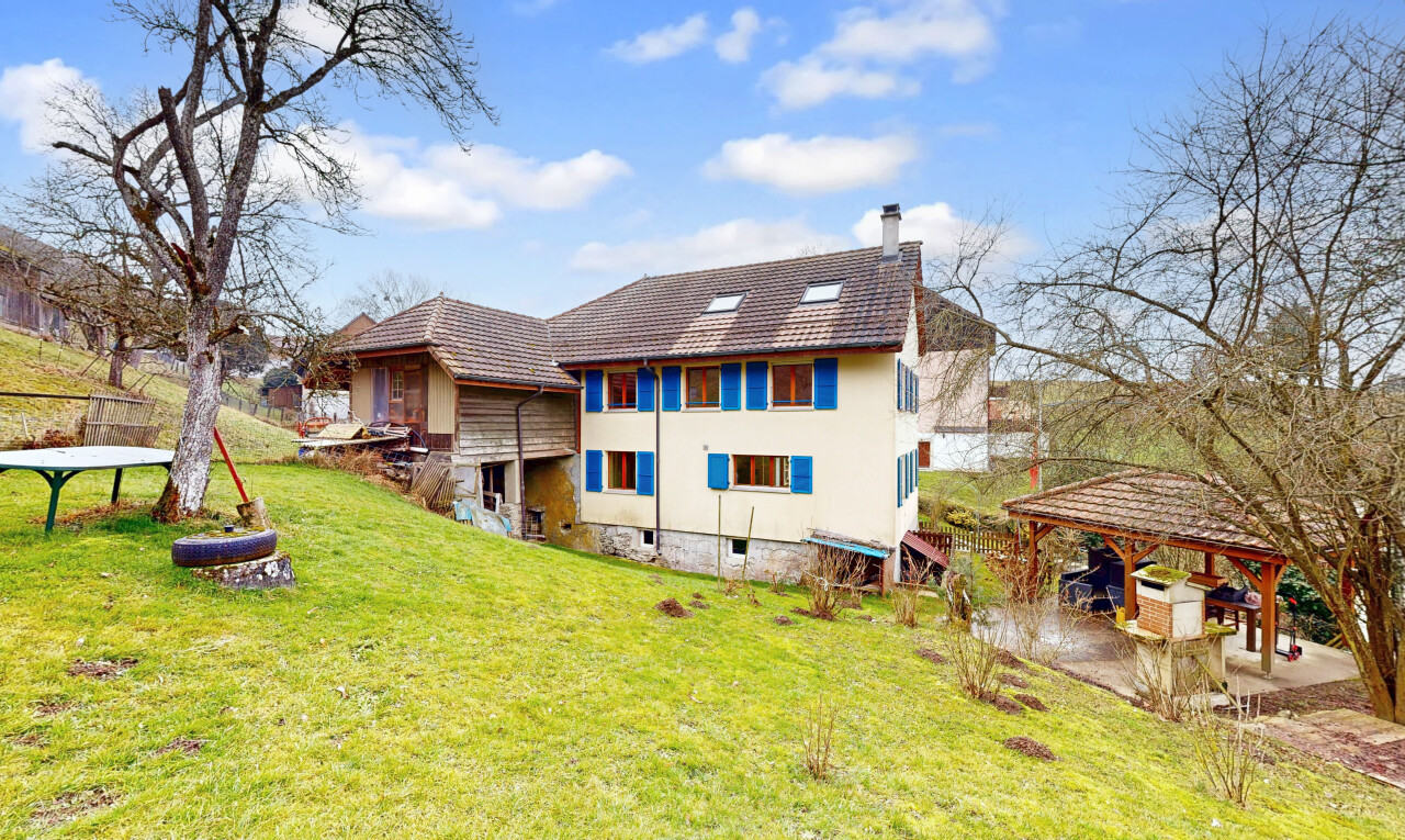 außenansicht mit schornstein, rasen, property visible, terrasse, und stuckverkleidung