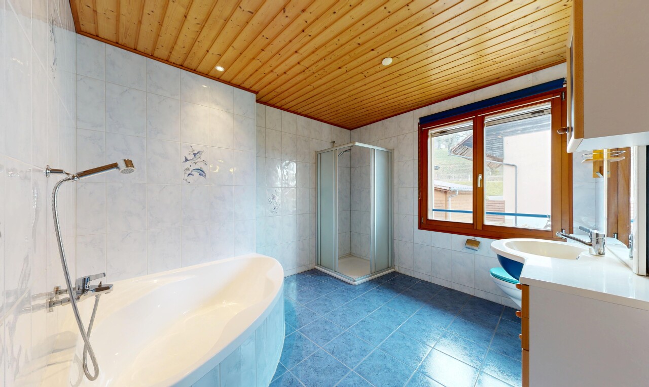 bad mit tile wall, fliesenwand, dusche, schminktisch, und komplettes badezimmer