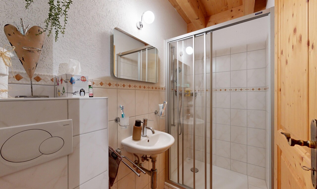 salle de bains avec miroir, douche, salle de bain complète, inside property, et évier