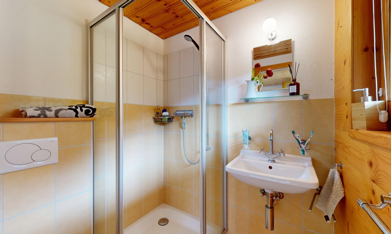 salle de bains avec salle de bain complète, douche, inside property, miroir, et évier