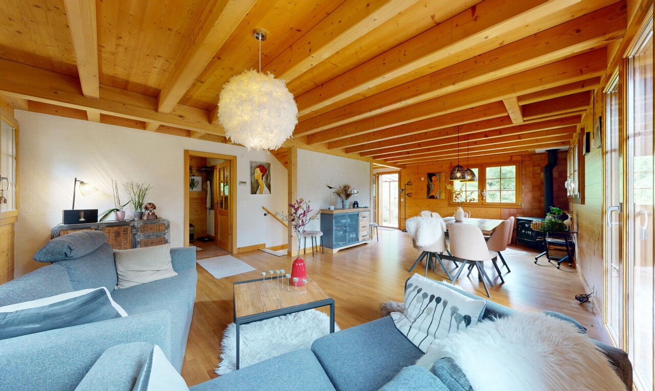 salon / salle à manger avec poêle à bois, inside property, sol en finition bois, wood finish floor, et lumière naturelle