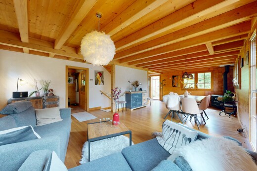 salon / salle à manger avec poêle à bois, inside property, sol en finition bois, wood finish floor, et lumière naturelle