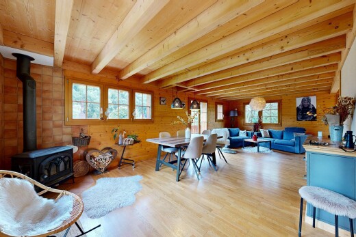 salon / salle à manger avec poêle à bois, inside property, mur en bois, wood wall, et sol en finition bois