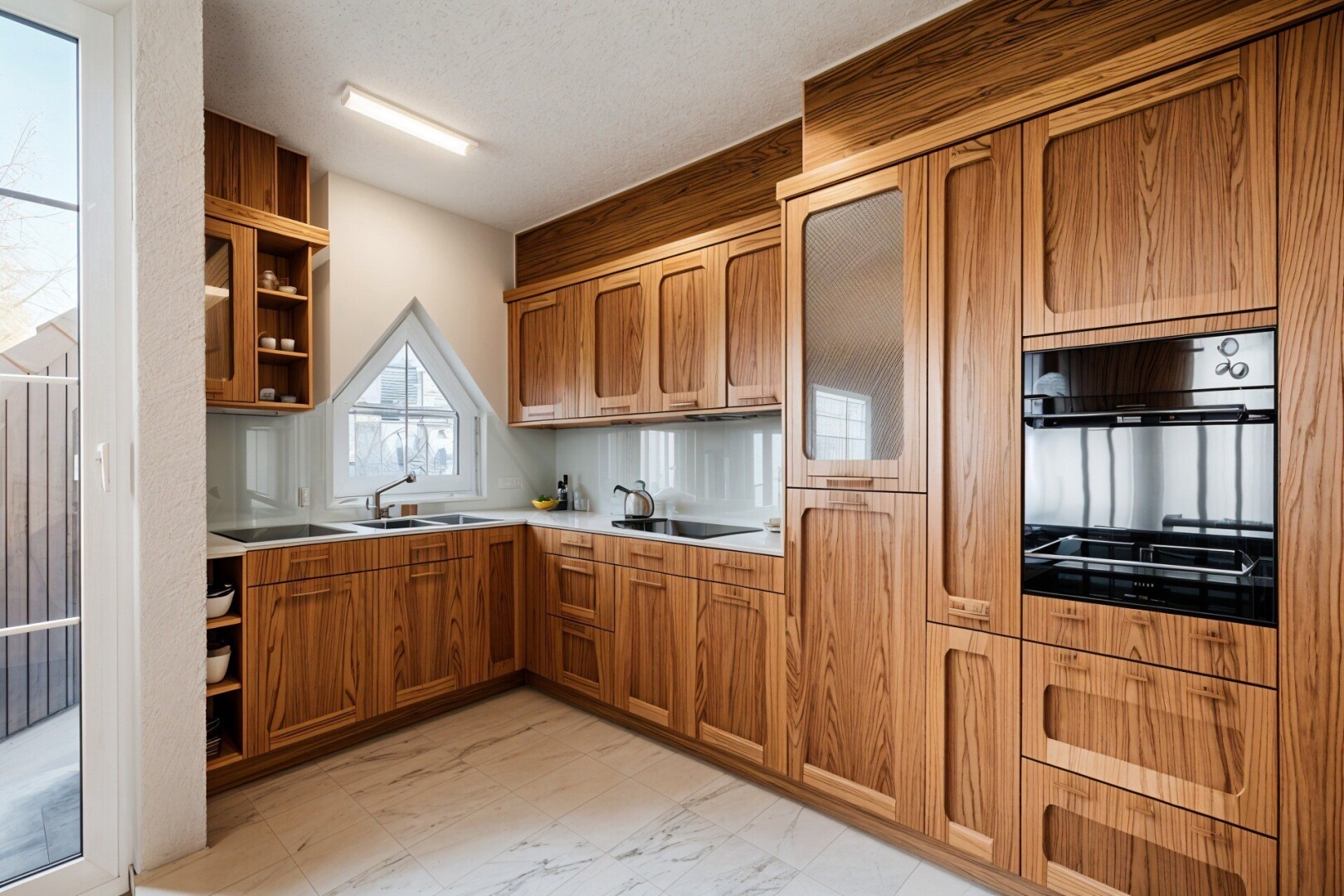 cuisine avec étagères ouvertes, open shelves, armoires en arc, arched cabinets, et armoires marron moyen