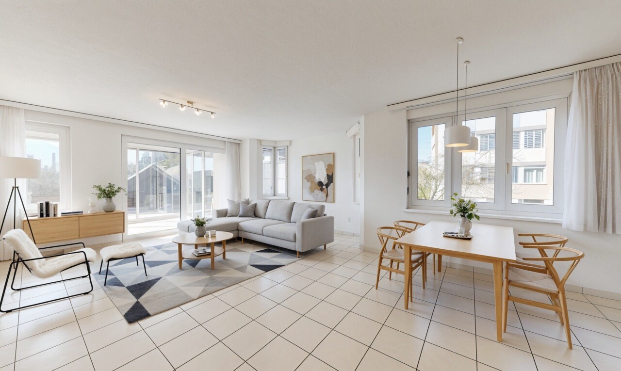 salle à manger avec lustre remarquable, inside property, light floor, lumière naturelle, et natural light