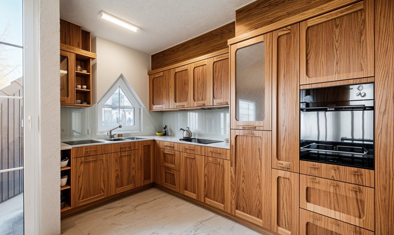 cuisine avec étagères ouvertes, open shelves, armoires en arc, arched cabinets, et armoires marron moyen