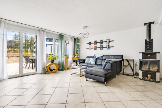 wohnzimmer mit holzofen, natürliches licht, natural light, fliesenboden, und tile floor