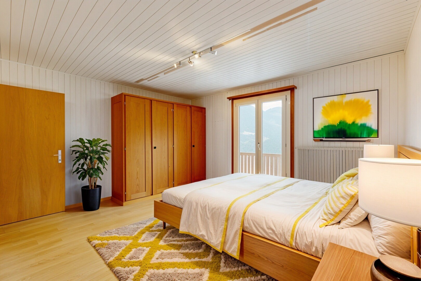 chambre avec accès à l'extérieur, radiateur, lumière naturelle, natural light, et sol en finition bois