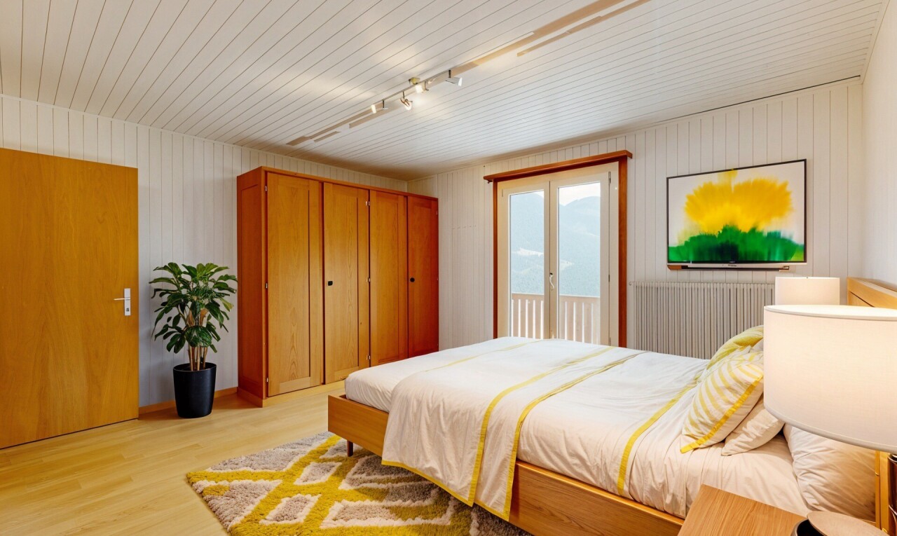 chambre avec accès à l'extérieur, radiateur, lumière naturelle, natural light, et sol en finition bois