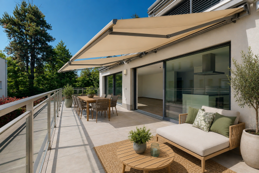 terrasse mit essbereich im freien, markise, from property, und day time