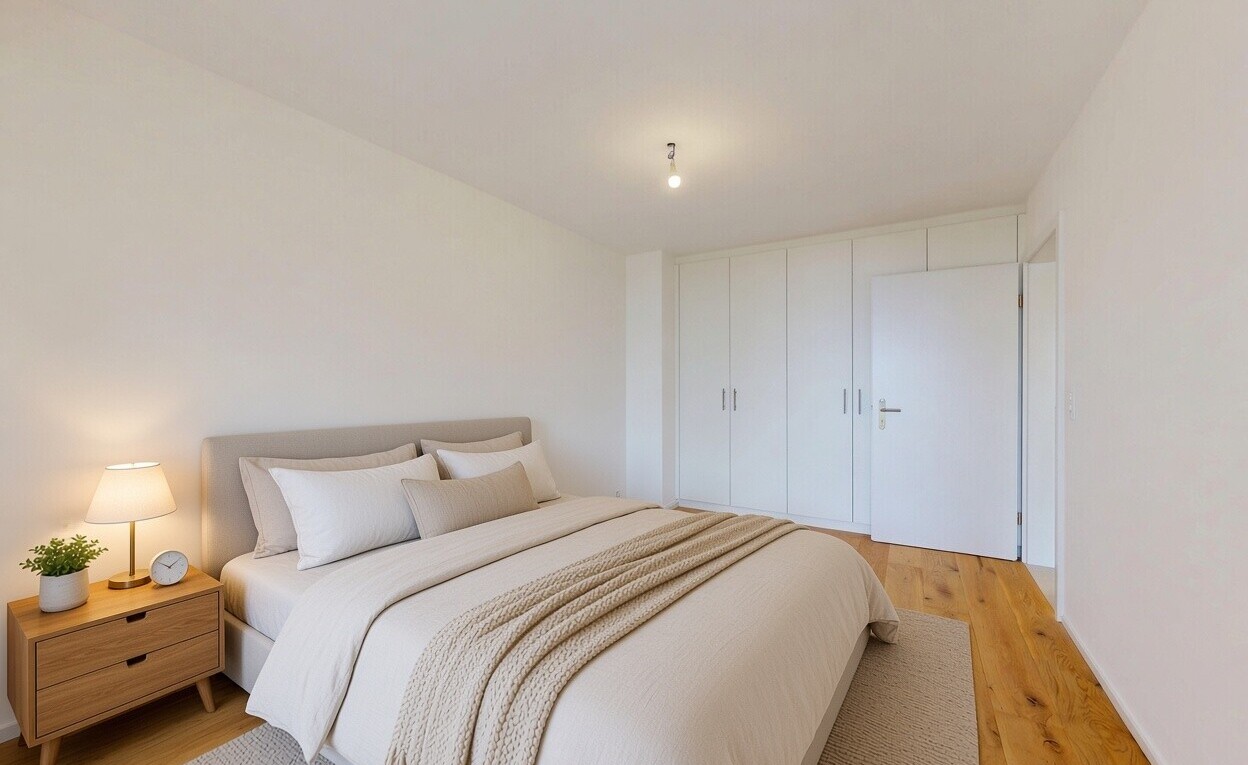 pièce vide avec drywall, cloison sèche, wood finish floor, sol en finition bois, et placard