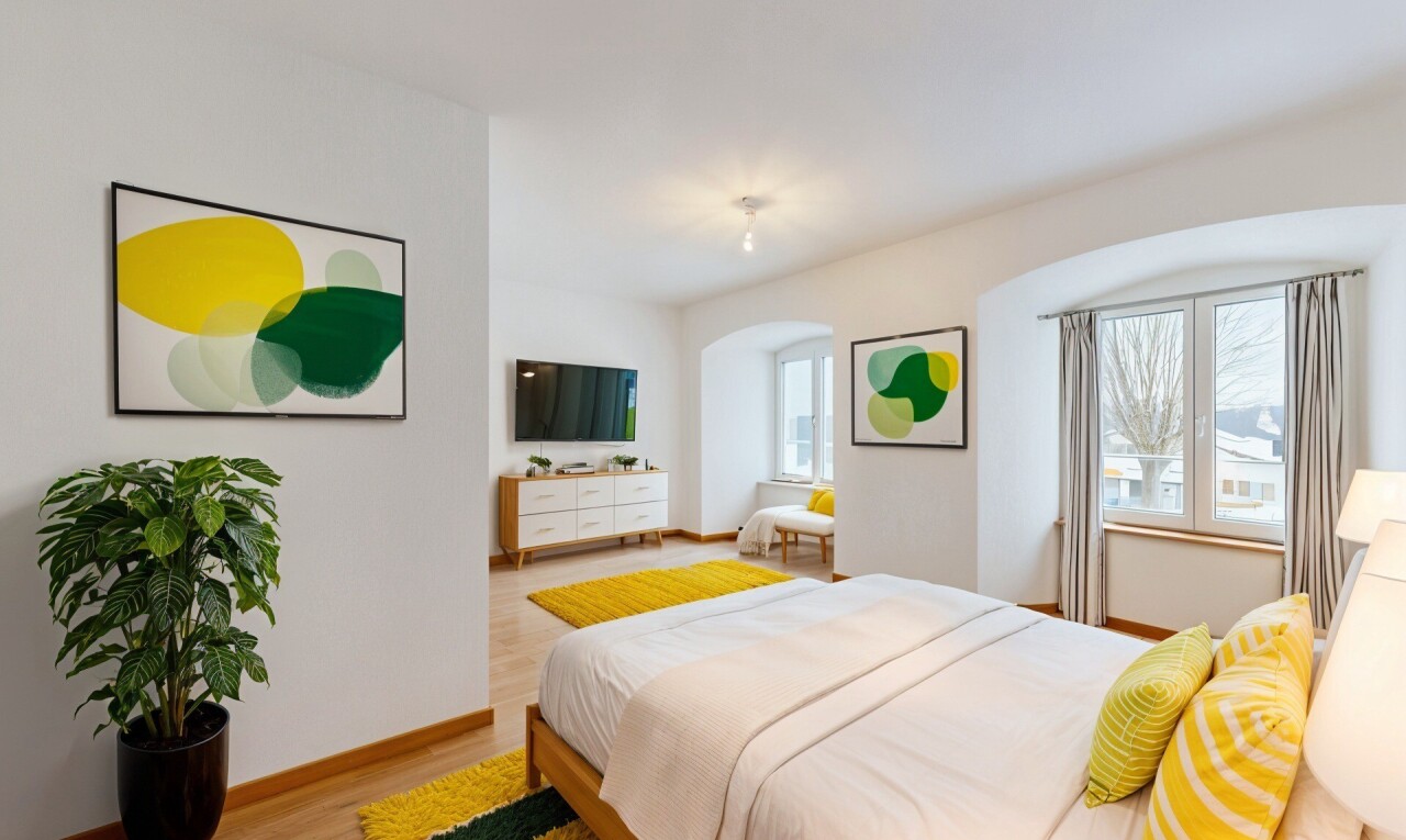 chambre avec cloison sèche, télévision, passages en arc, sol en finition bois, et lumière naturelle