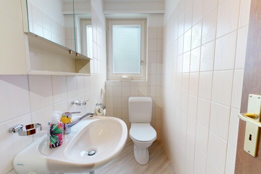 bad mit spiegel, toilette, gäste-wc, waschbecken, und fliesenwand