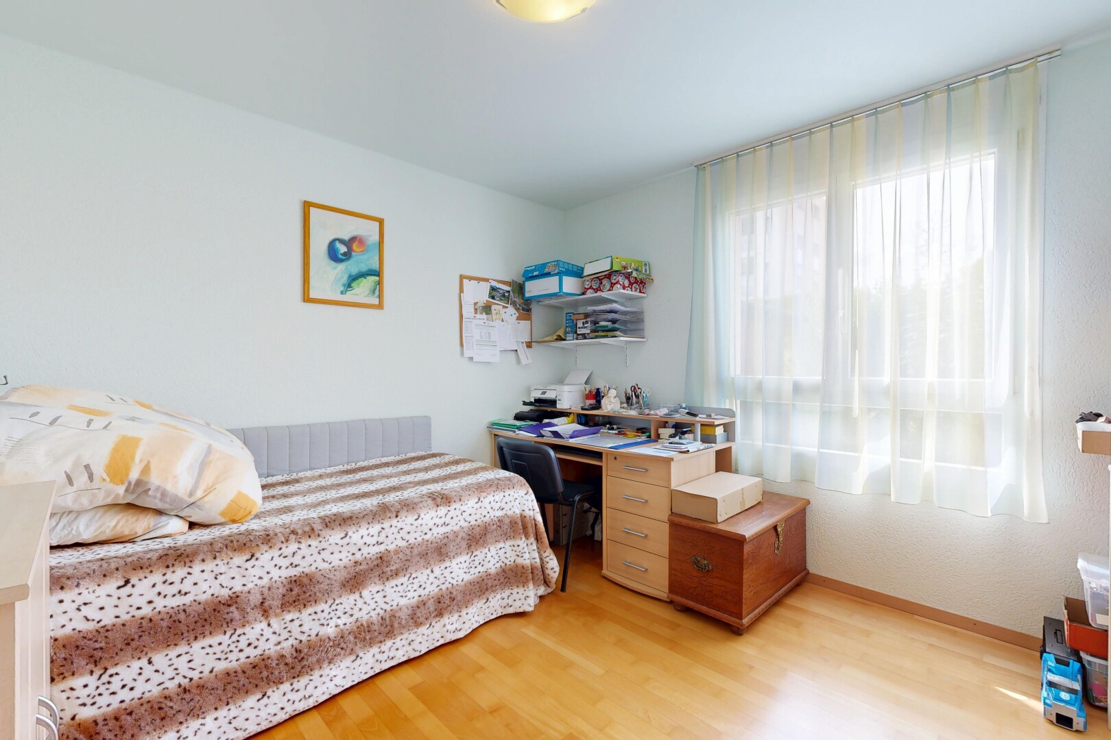chambre avec wood finish floor, sol en finition bois, drywall, cloison sèche, et natural light