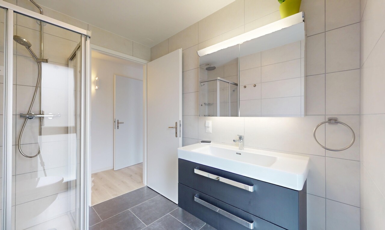 bad mit schminktisch, dusche, tile wall, fliesenwand, und spiegel